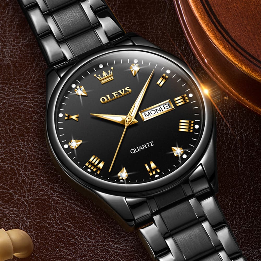 OLEVS 5563 Luxury Diamond Dial Quartz Stainless Steel Day Date Watch for Men - All Black Watch | Olevs Watch Store