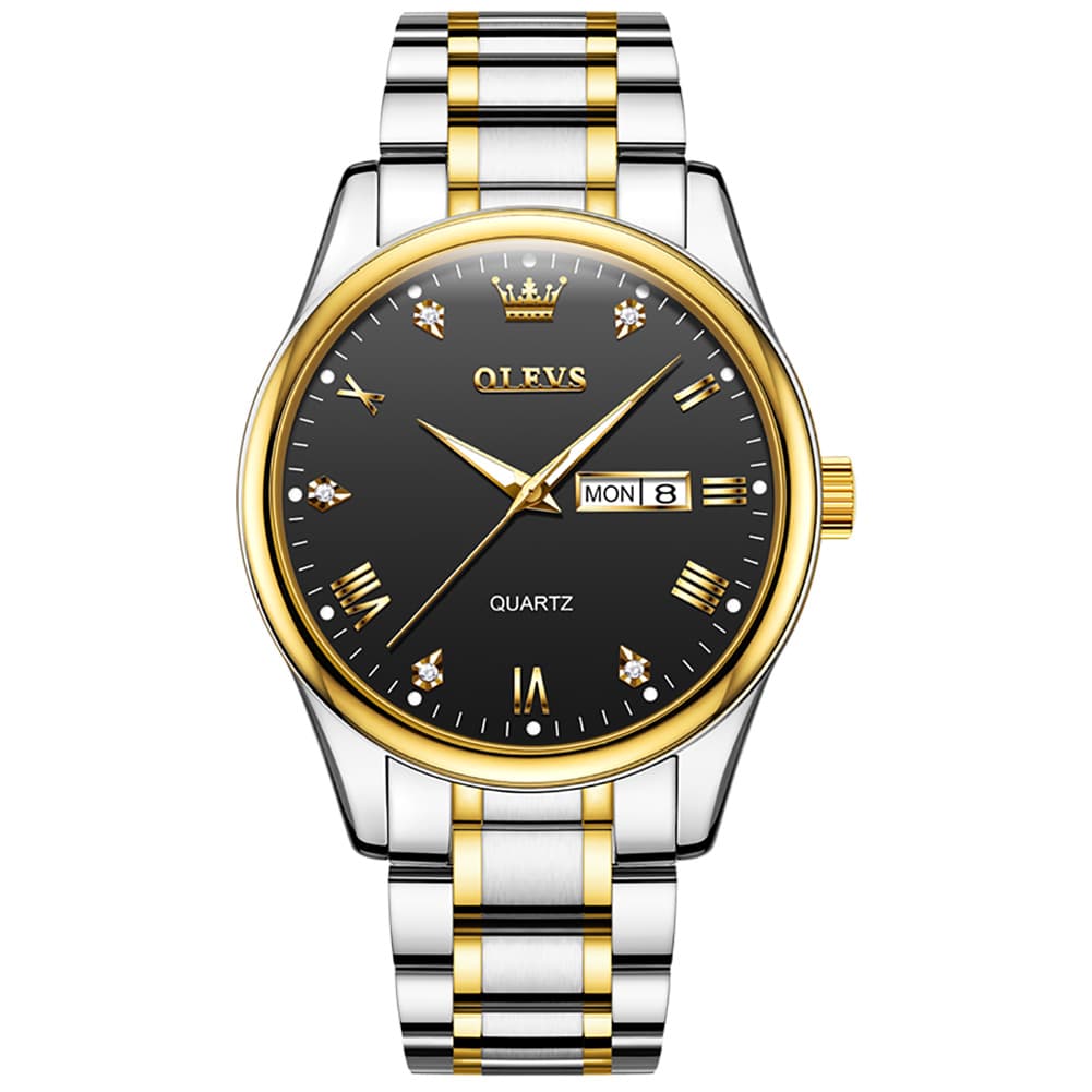 OLEVS 5563 Luxury Diamond Dial Quartz Stainless Steel Day Date Watch for Men - All Black Watch | Olevs Watch Store