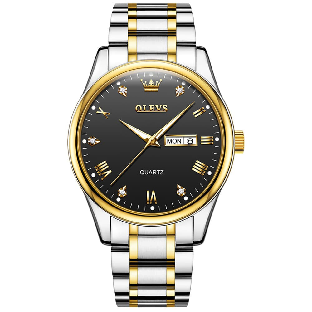 OLEVS 5563 Luxury Diamond Dial Quartz Stainless Steel Day Date Watch for Men - All Black Watch | Olevs Watch Store