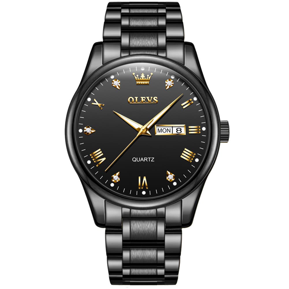 OLEVS 5563 Luxury Diamond Dial Quartz Stainless Steel Day Date Watch for Men - All Black Watch | Olevs Watch Store