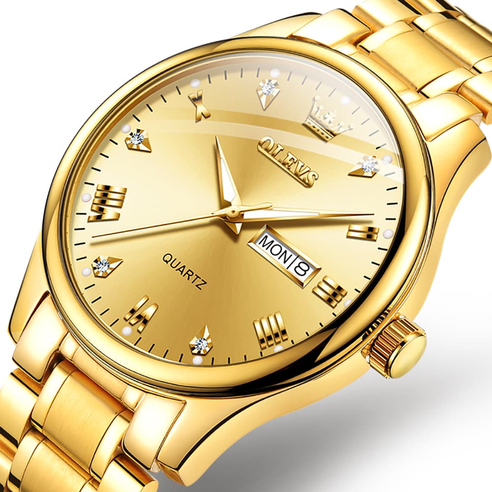 OLEVS 5563 Luxury Diamond Dial Quartz Stainless Steel Day Date Watch for Men - All Gold Watch | Olevs Watch Store
