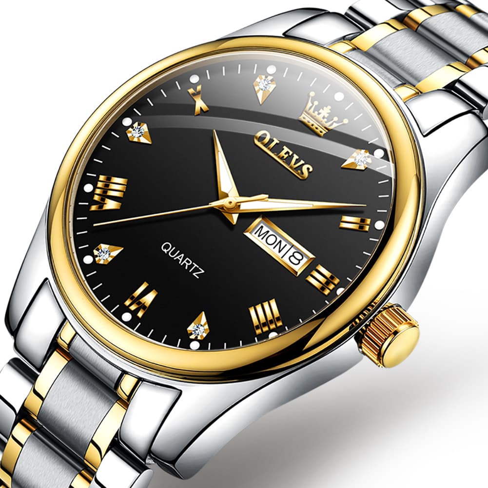 OLEVS 5563 Luxury Diamond Dial Quartz Stainless Steel Day Date Watch for Men - Two Tone Black Watch | Olevs Watch Store