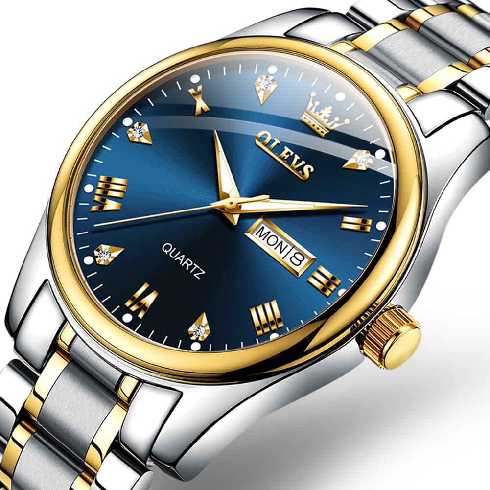 OLEVS 5563 Luxury Diamond Dial Quartz Stainless Steel Day Date Watch for Men - Two Tone Blue Watch | Olevs Watch Store
