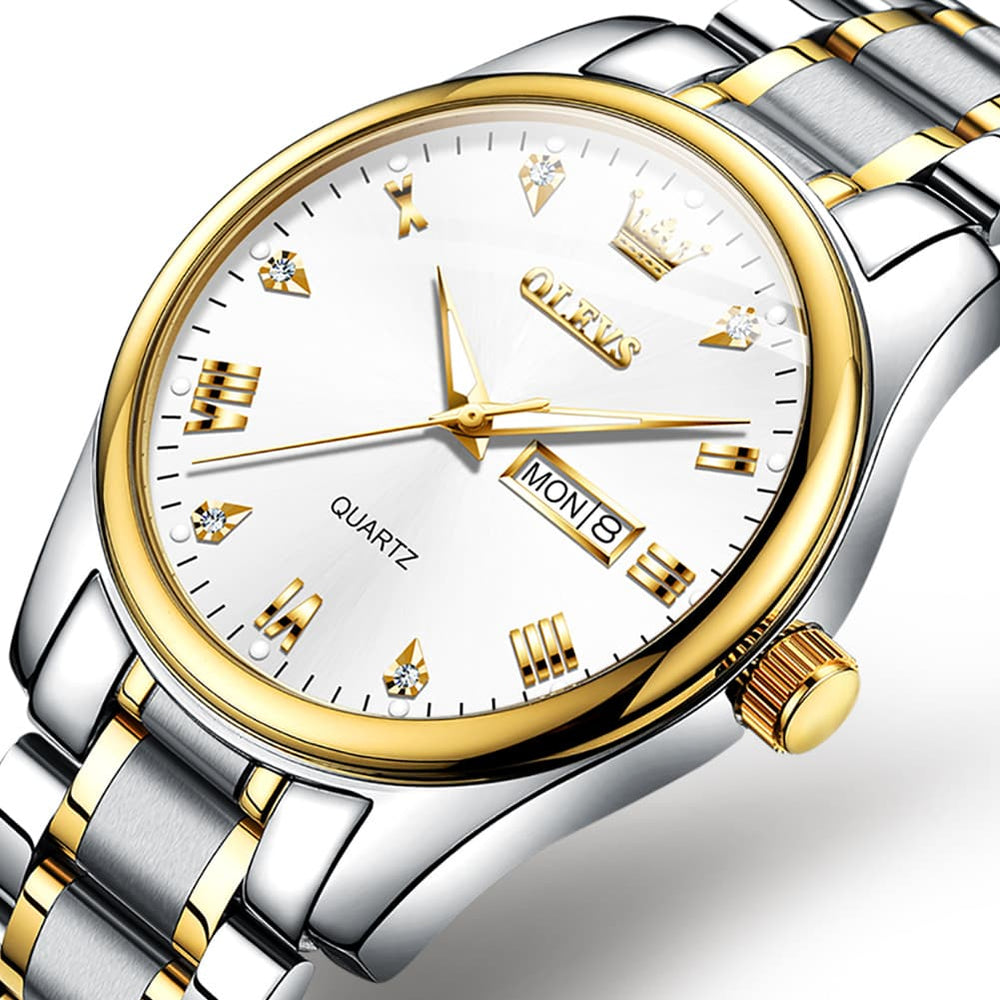 OLEVS 5563 Luxury Diamond Dial Quartz Stainless Steel Day Date Watch for Men - Two Tone White Watch | Olevs Watch Store