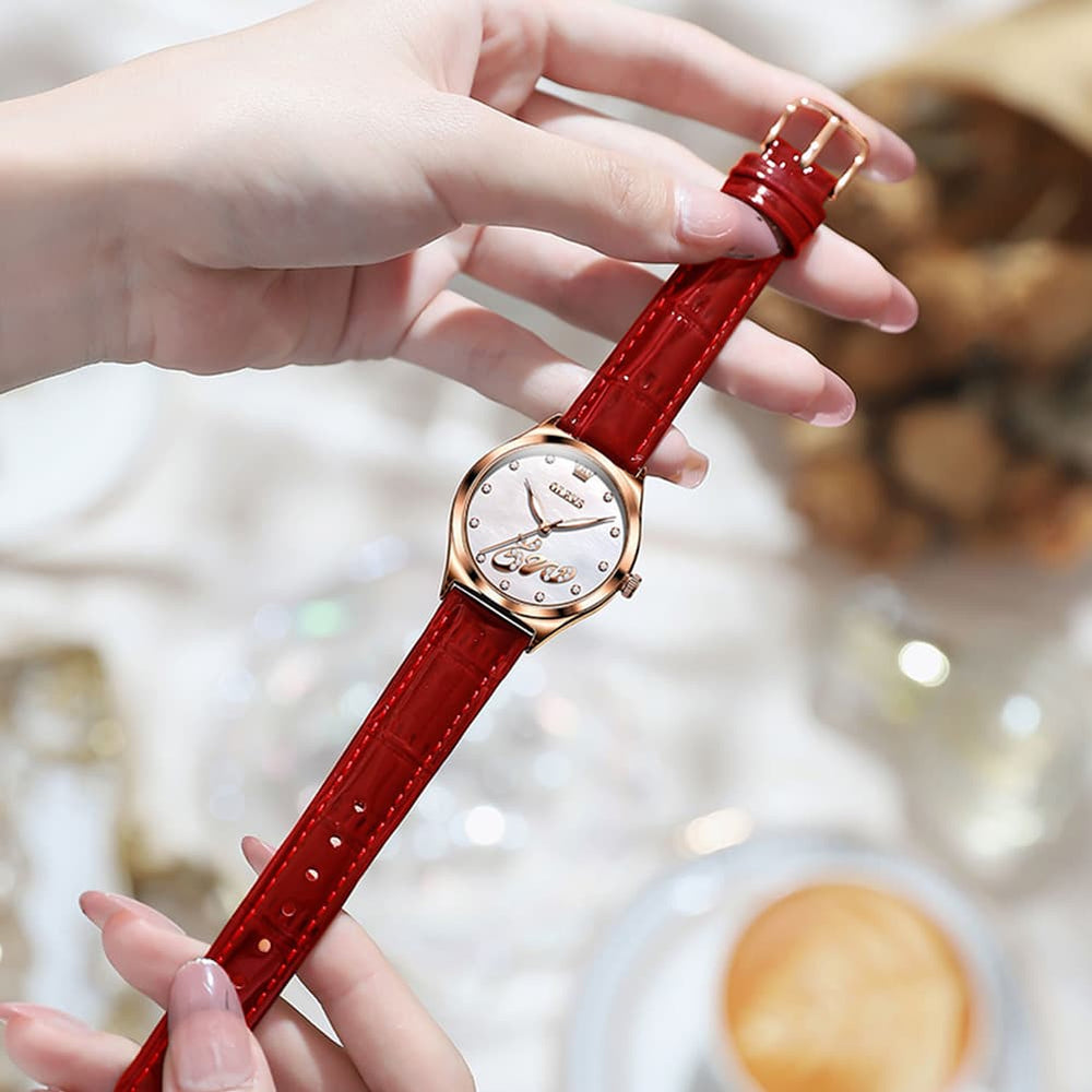 OLEVS 5581 Love Motif Diamond Watch Rose Gold Leather Strap Romantic Gift Timepiece for Women - Olevs Watch Store