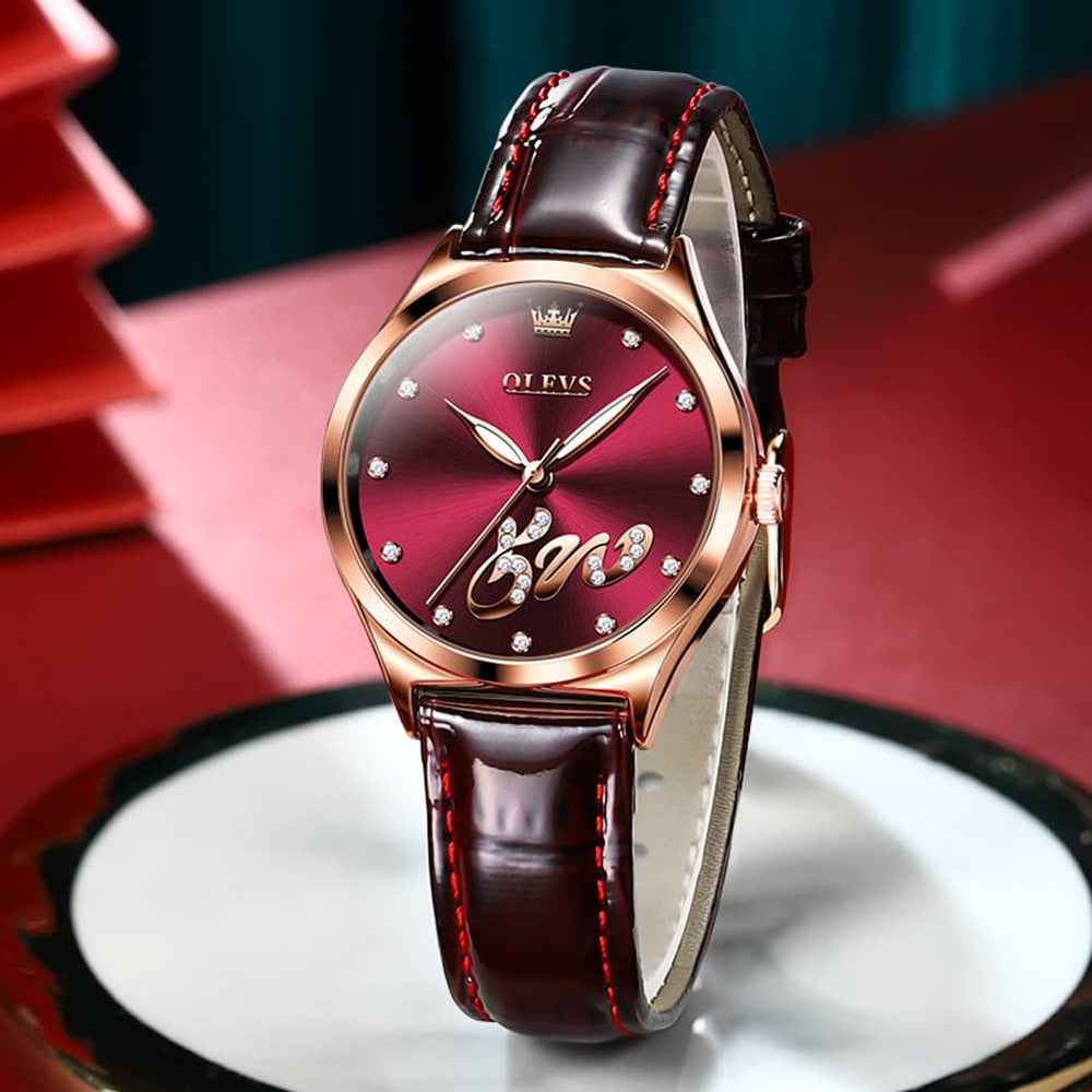 OLEVS 5581 Love Motif Diamond Watch Rose Gold Leather Strap Romantic Gift Timepiece for Women - Olevs Watch Store