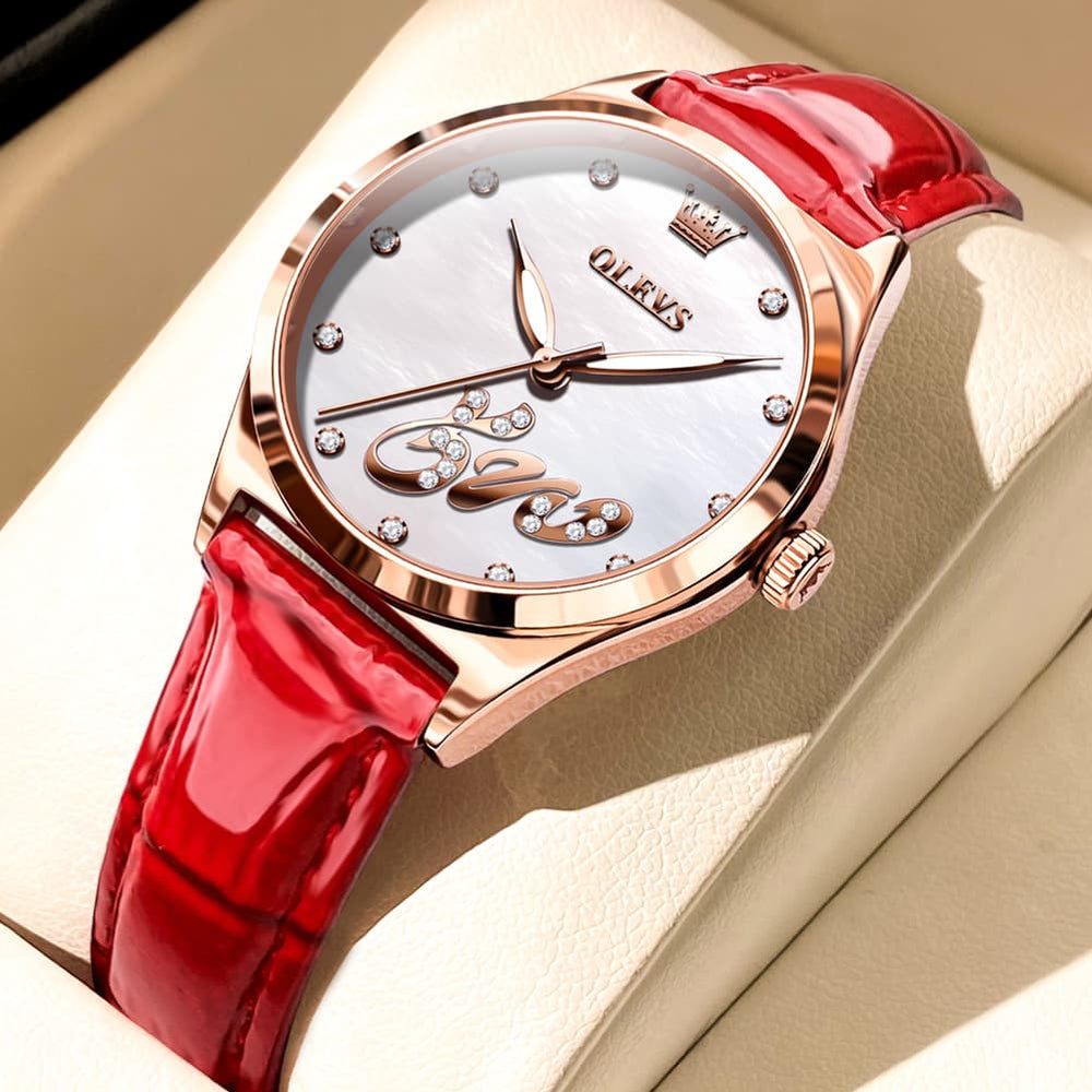 OLEVS 5581 Love Motif Diamond Watch Rose Gold Leather Strap Romantic Gift Timepiece for Women - Olevs Watch Store