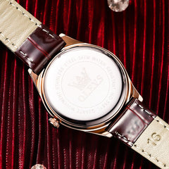 OLEVS 5581 Love Motif Diamond Watch Rose Gold Leather Strap Romantic Gift Timepiece for Women - Olevs Watch Store