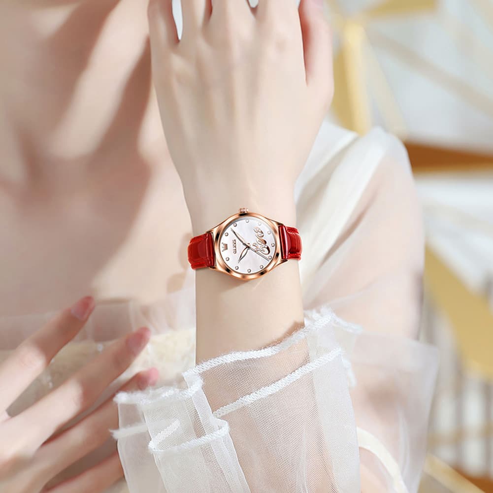 OLEVS 5581 Love Motif Diamond Watch Rose Gold Leather Strap Romantic Gift Timepiece for Women - Olevs Watch Store