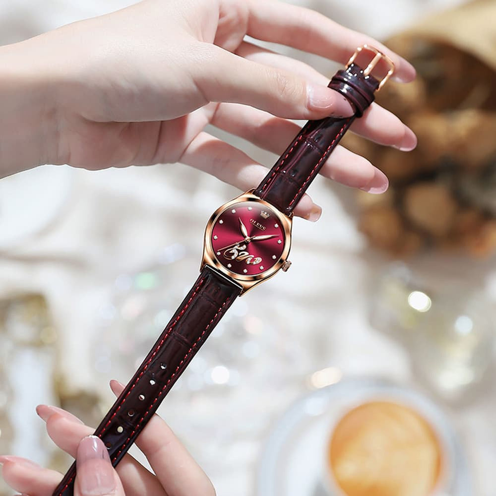 OLEVS 5581 Love Motif Diamond Watch Rose Gold Leather Strap Romantic Gift Timepiece for Women - Olevs Watch Store