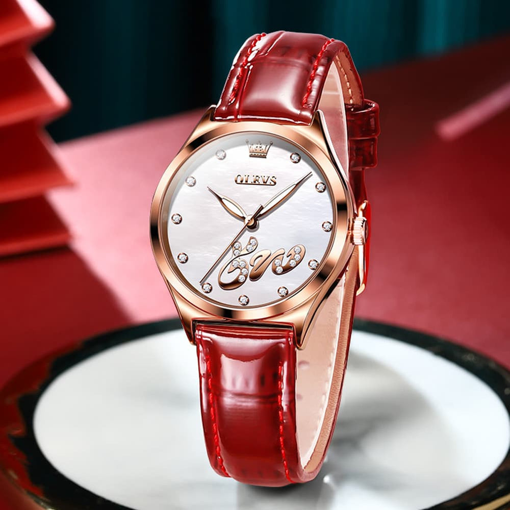 OLEVS 5581 Love Motif Diamond Watch Rose Gold Leather Strap Romantic Gift Timepiece for Women - Olevs Watch Store
