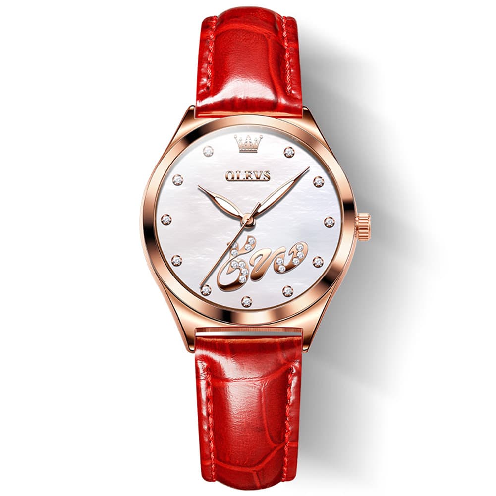 OLEVS 5581 Love Motif Diamond Watch Rose Gold Leather Strap Romantic Gift Timepiece for Women - Olevs Watch Store
