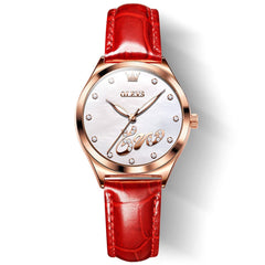 OLEVS 5581 Love Motif Diamond Watch Rose Gold Leather Strap Romantic Gift Timepiece for Women - Olevs Watch Store