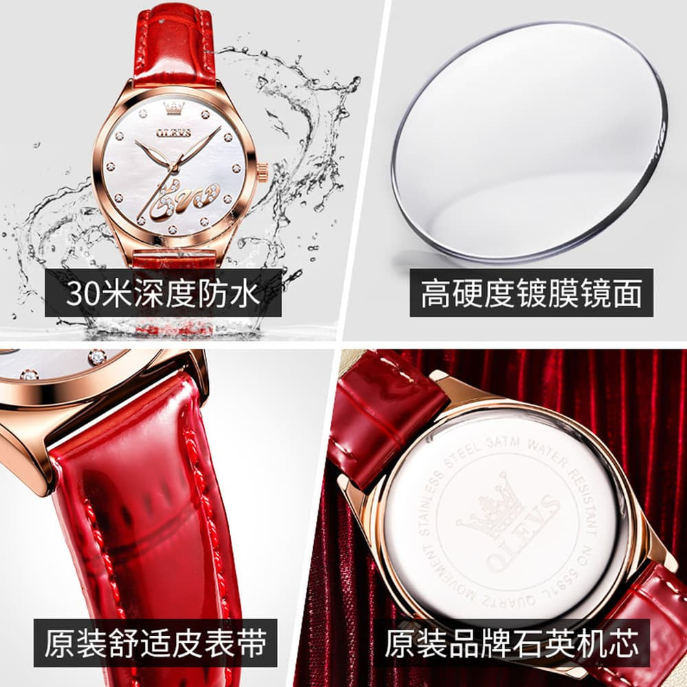 OLEVS 5581 Love Motif Diamond Watch Rose Gold Leather Strap Romantic Gift Timepiece for Women - Olevs Watch Store