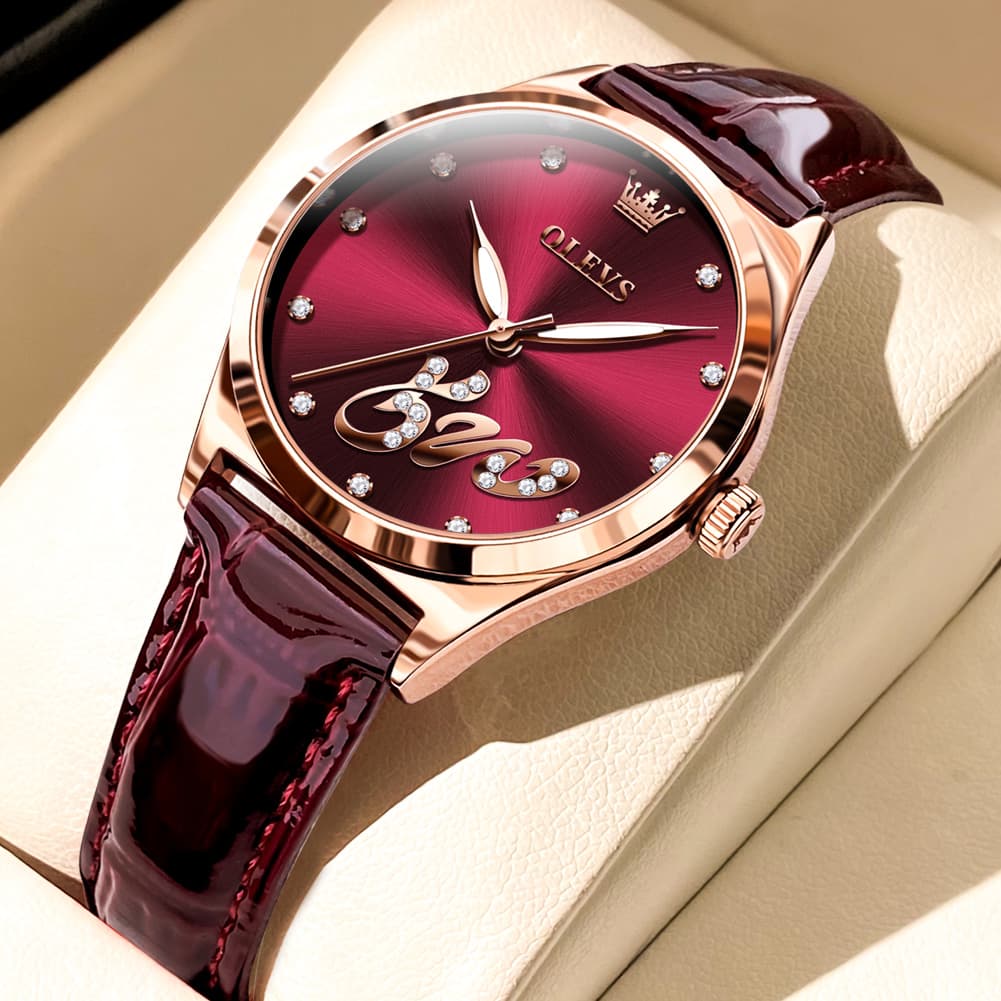 OLEVS 5581 Love Motif Diamond Watch Rose Gold Leather Strap Romantic Gift Timepiece for Women - Olevs Watch Store