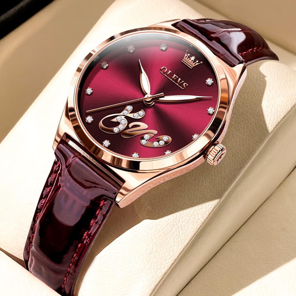 OLEVS 5581 Love Motif Diamond Watch Rose Gold Leather Strap Romantic Gift Timepiece for Women - Olevs Watch Store