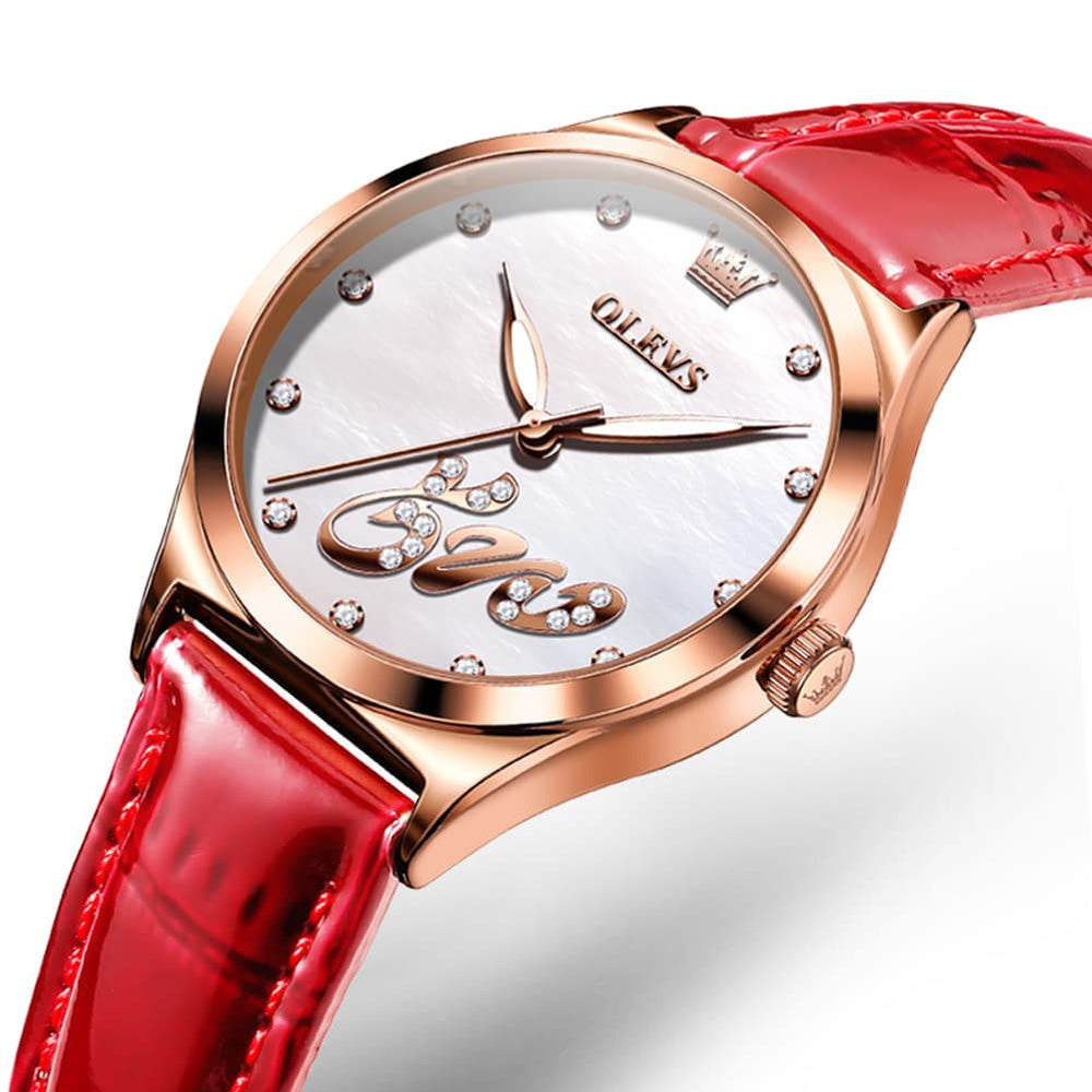 OLEVS 5581 Love Motif Diamond Watch Rose Gold Leather Strap Romantic Gift Timepiece for Women - Olevs Watch Store