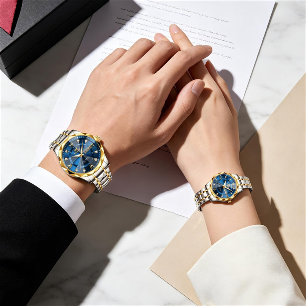 matching blue dial watches worn by a couple - OLEVS 5609