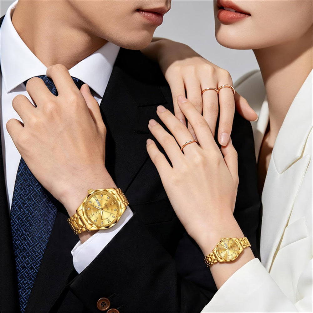 all gold matching watches worn by a couple - OLEVS 5609