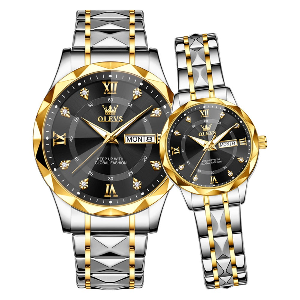 gold silver black couple quartz watch set - OLEVS 5609