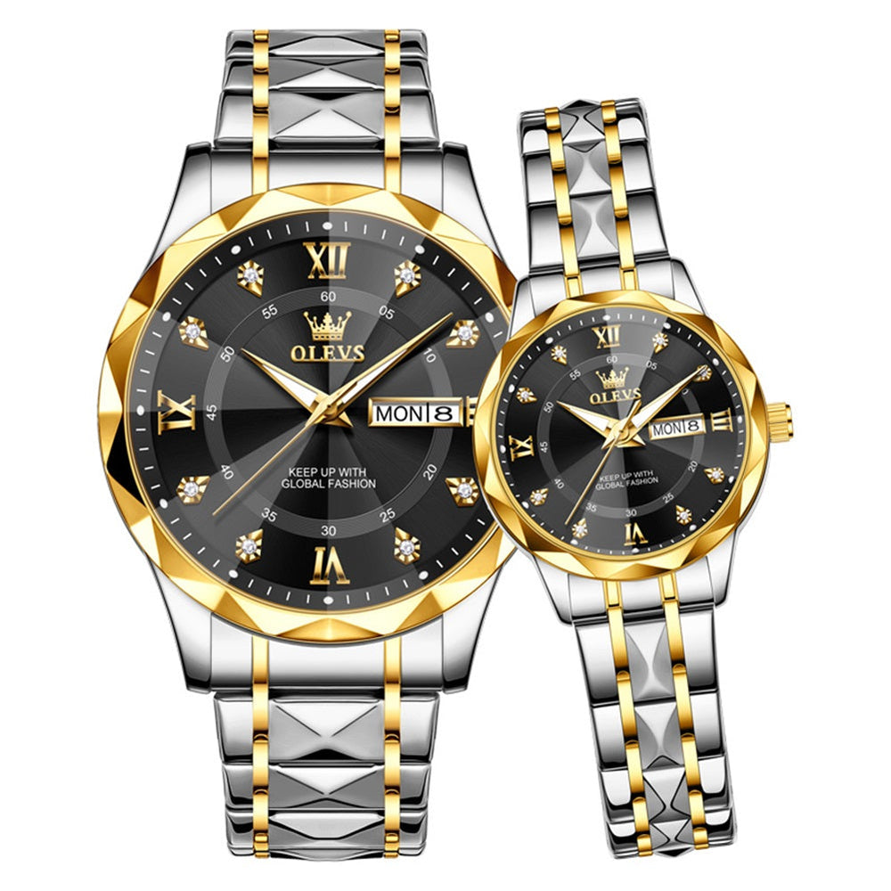 gold silver black couple quartz watch set - OLEVS 5609