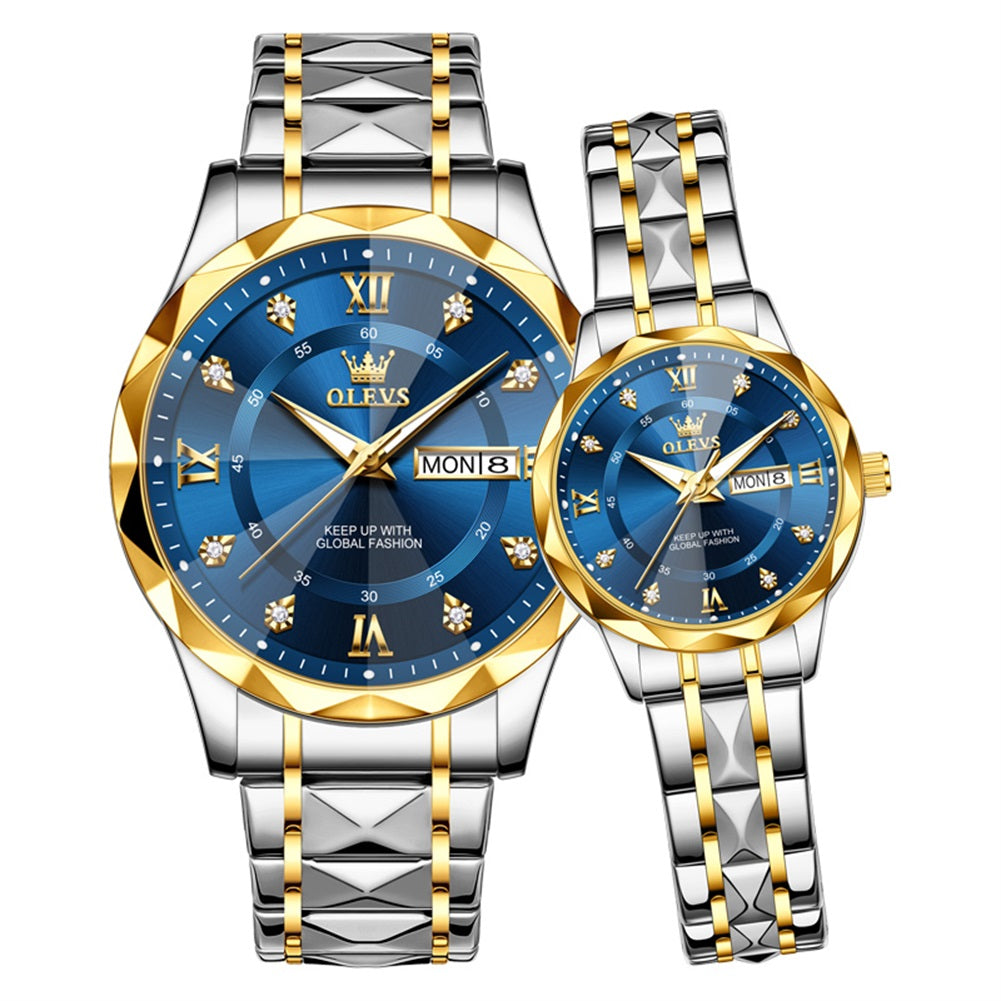 gold silver blue couple quartz watch set - OLEVS 5609