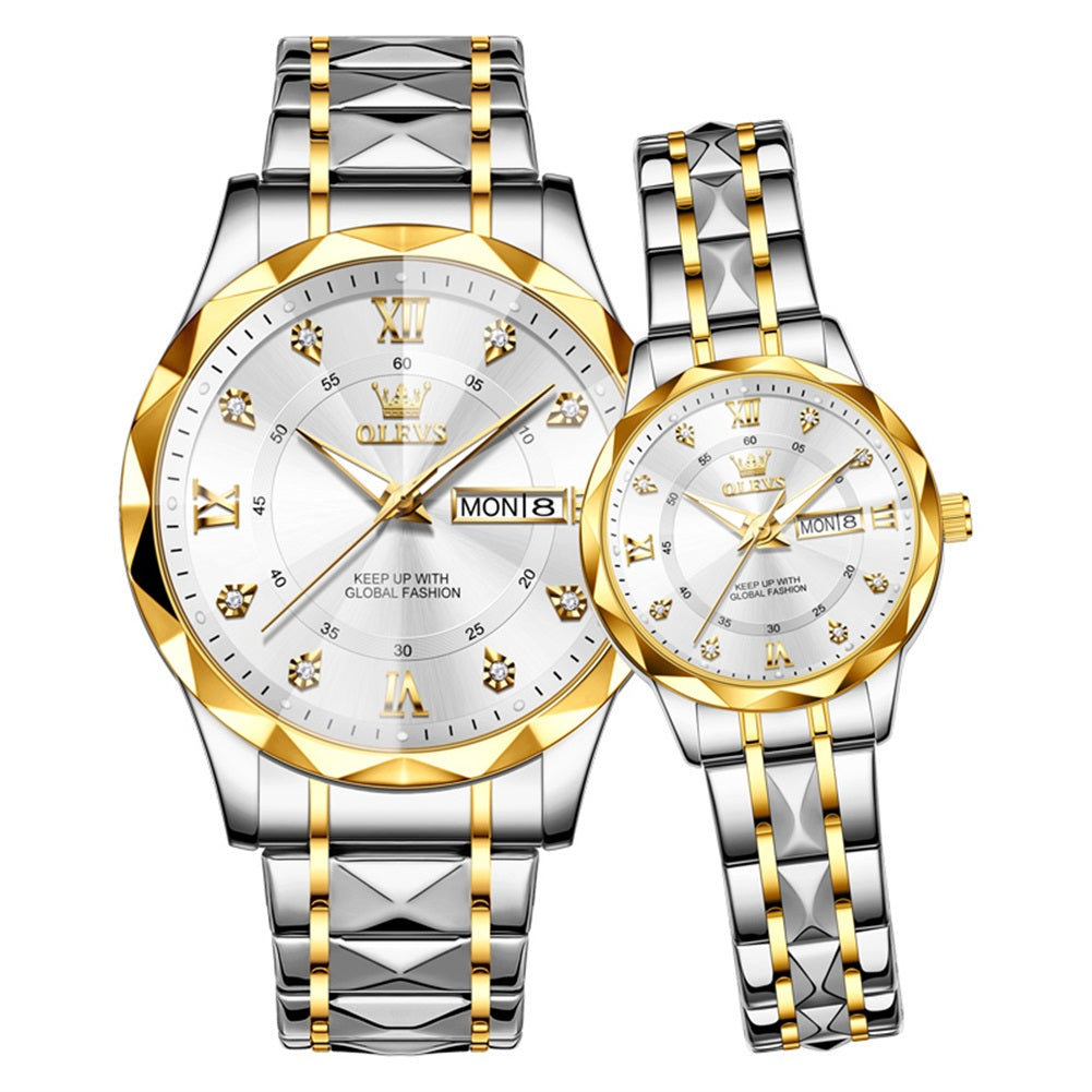gold silver white couple quartz watch set - OLEVS 5609