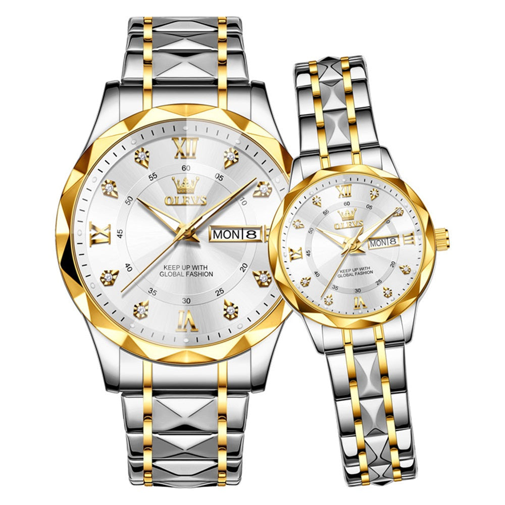 gold silver white couple quartz watch set - OLEVS 5609