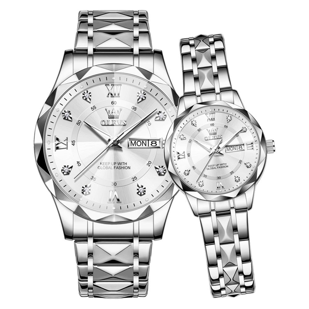 silver white couple quartz watch set - OLEVS 5609