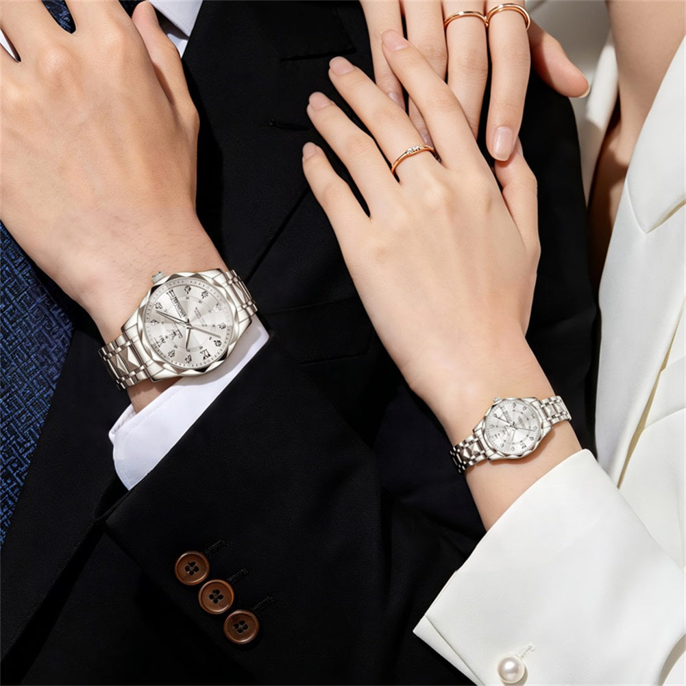silver white matching watches worn by a couple - OLEVS 5609