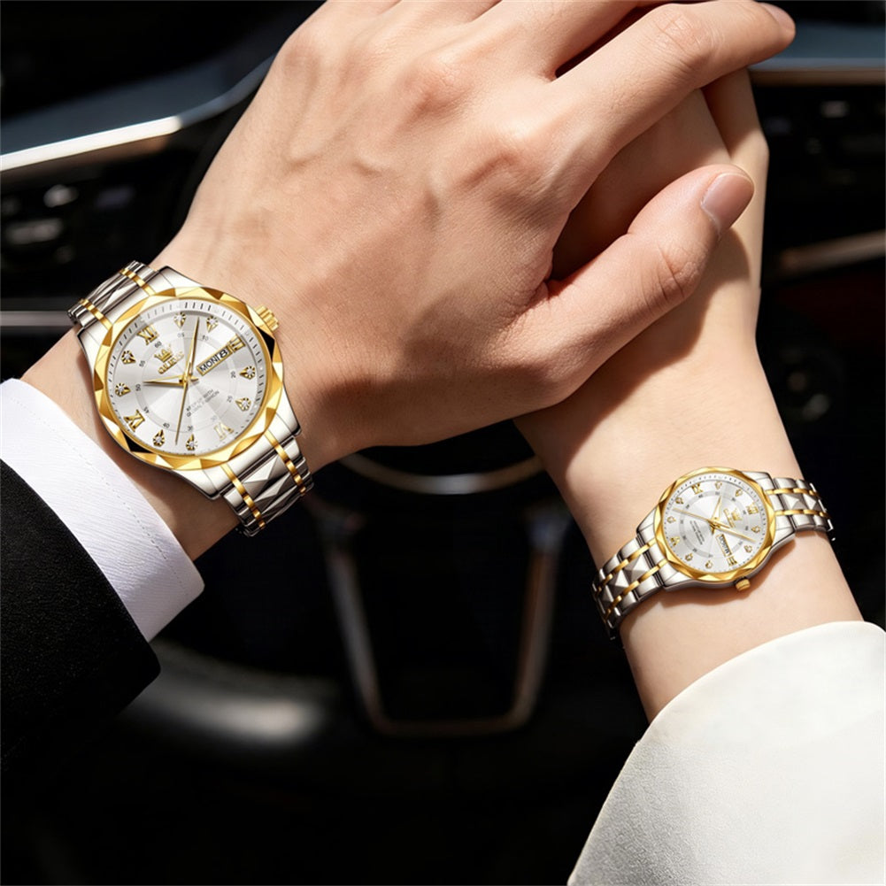 gold silver white matching watches on wrists - OLEVS 5609