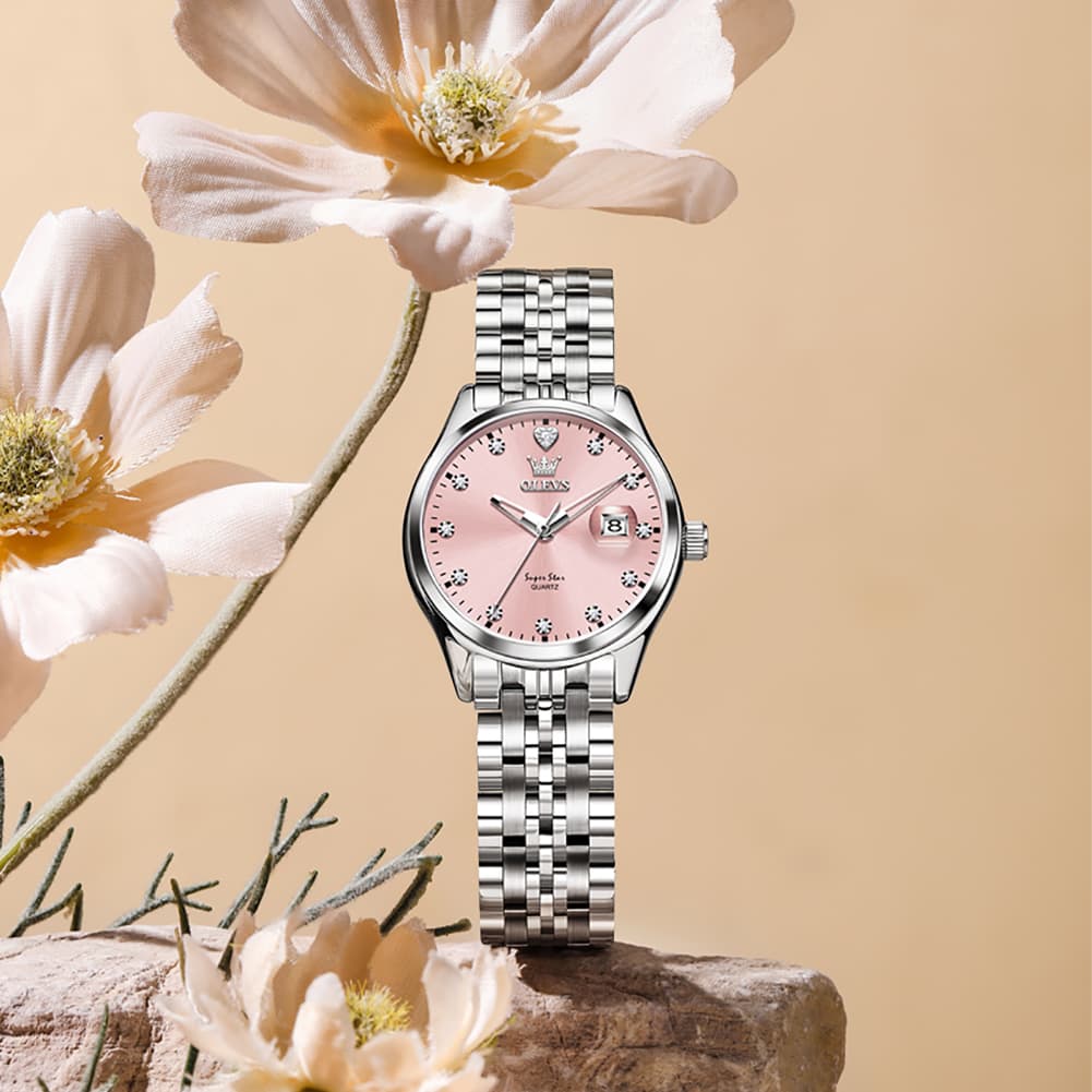 OLEVS 5649 Diamond Starry Dial Quartz Watch Calendar Stainless Steel Bracelet Timeless Timepiece for Women -Olevs Watch Store