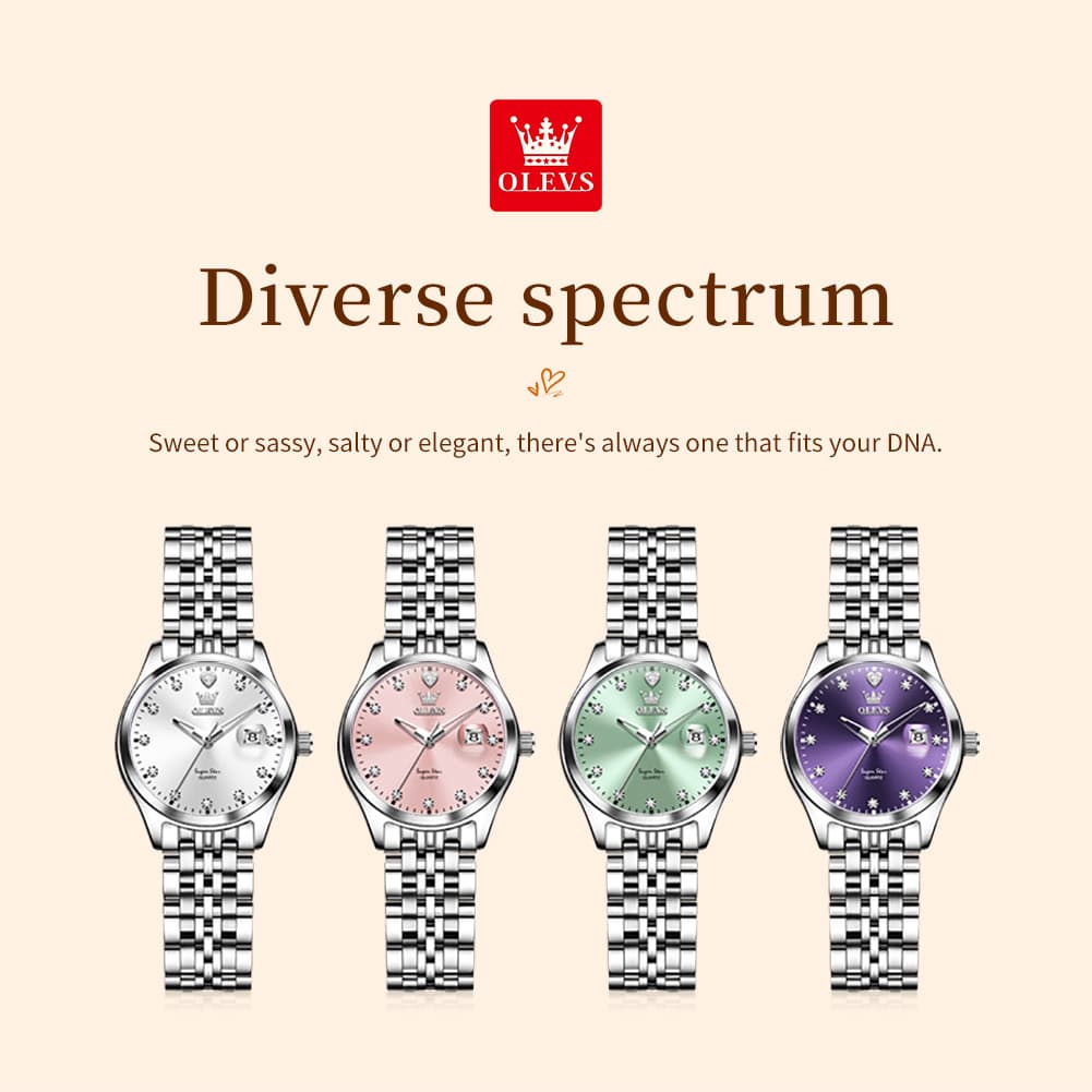 OLEVS 5649 Diamond Starry Dial Quartz Watch Calendar Stainless Steel Bracelet Timeless Timepiece for Women -Olevs Watch Store