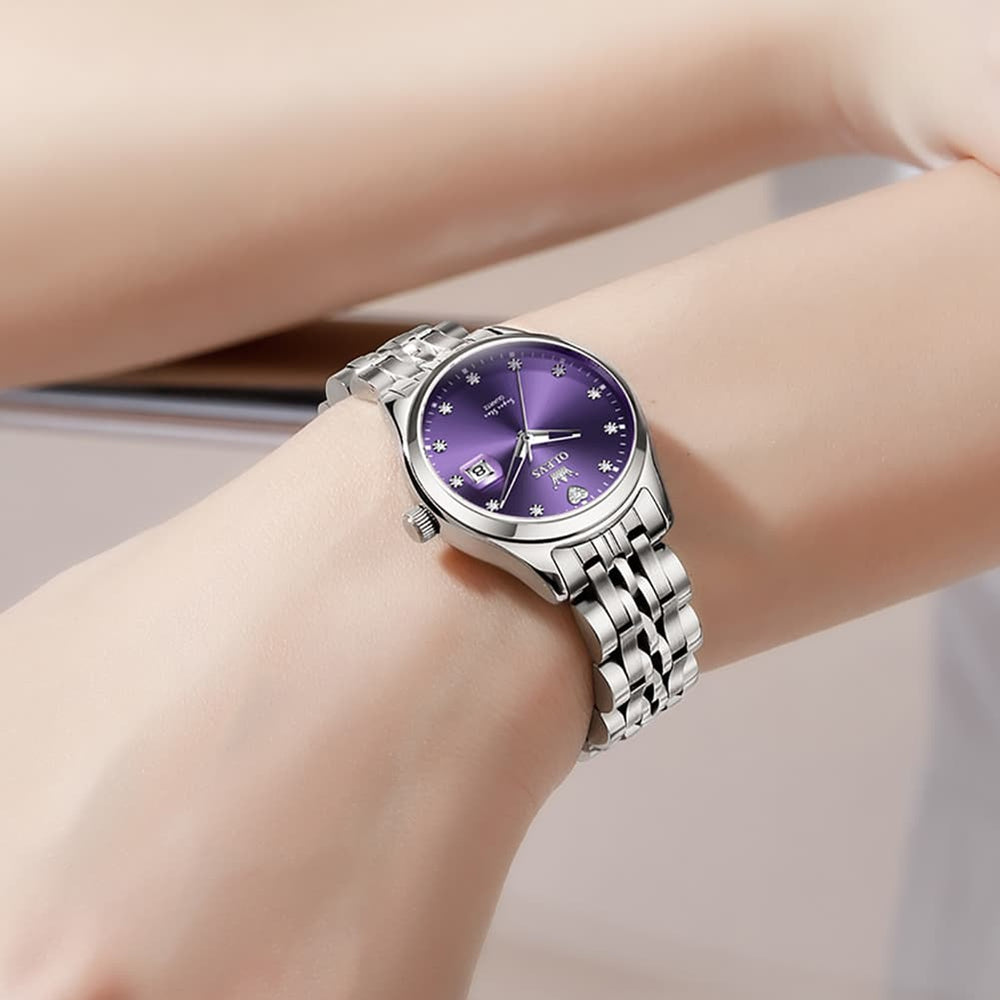 OLEVS 5649 Diamond Starry Dial Quartz Watch Calendar Stainless Steel Bracelet Timeless Timepiece for Women -Olevs Watch Store