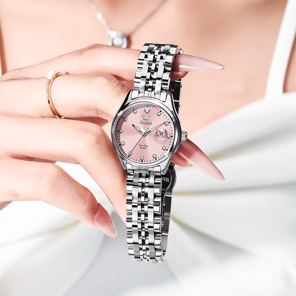 OLEVS 5649 Diamond Starry Dial Quartz Watch Calendar Stainless Steel Bracelet Timeless Timepiece for Women -Olevs Watch Store