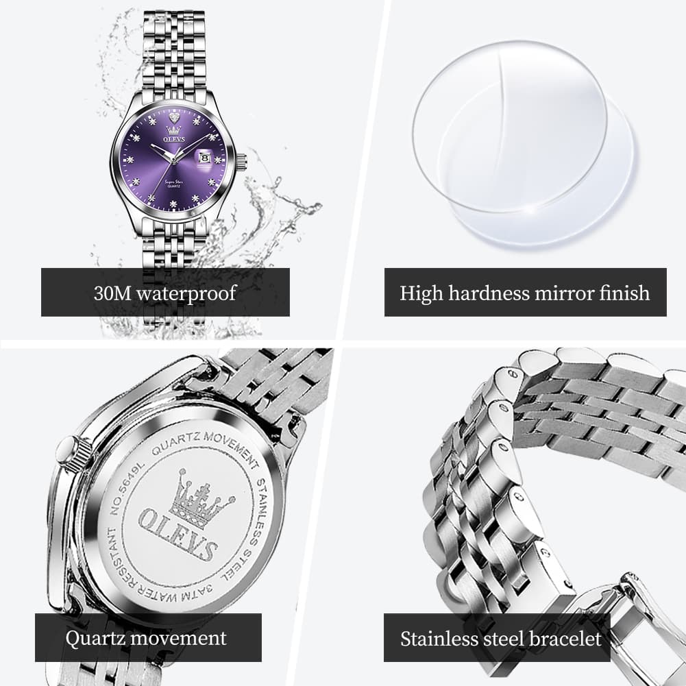 OLEVS 5649 Diamond Starry Dial Quartz Watch Calendar Stainless Steel Bracelet Timeless Timepiece for Women -Olevs Watch Store