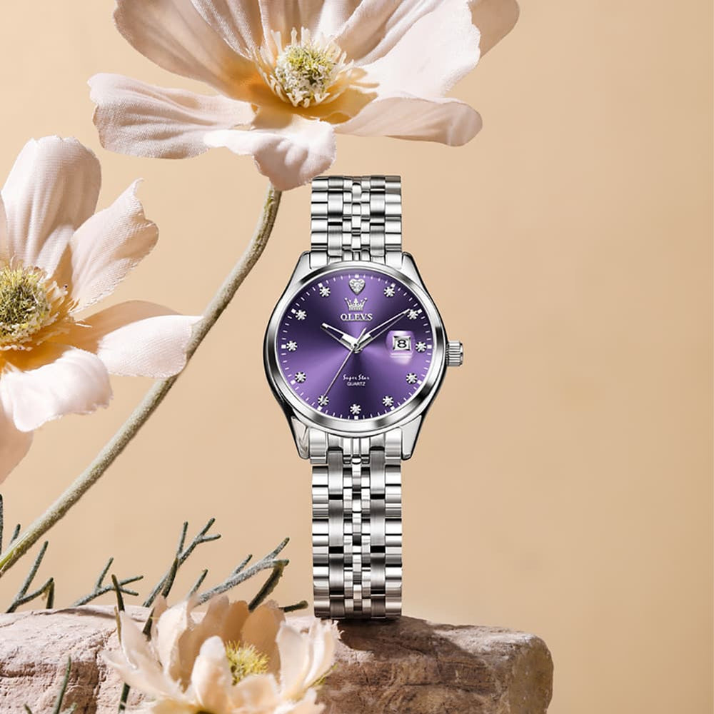 OLEVS 5649 Diamond Starry Dial Quartz Watch Calendar Stainless Steel Bracelet Timeless Timepiece for Women -Olevs Watch Store