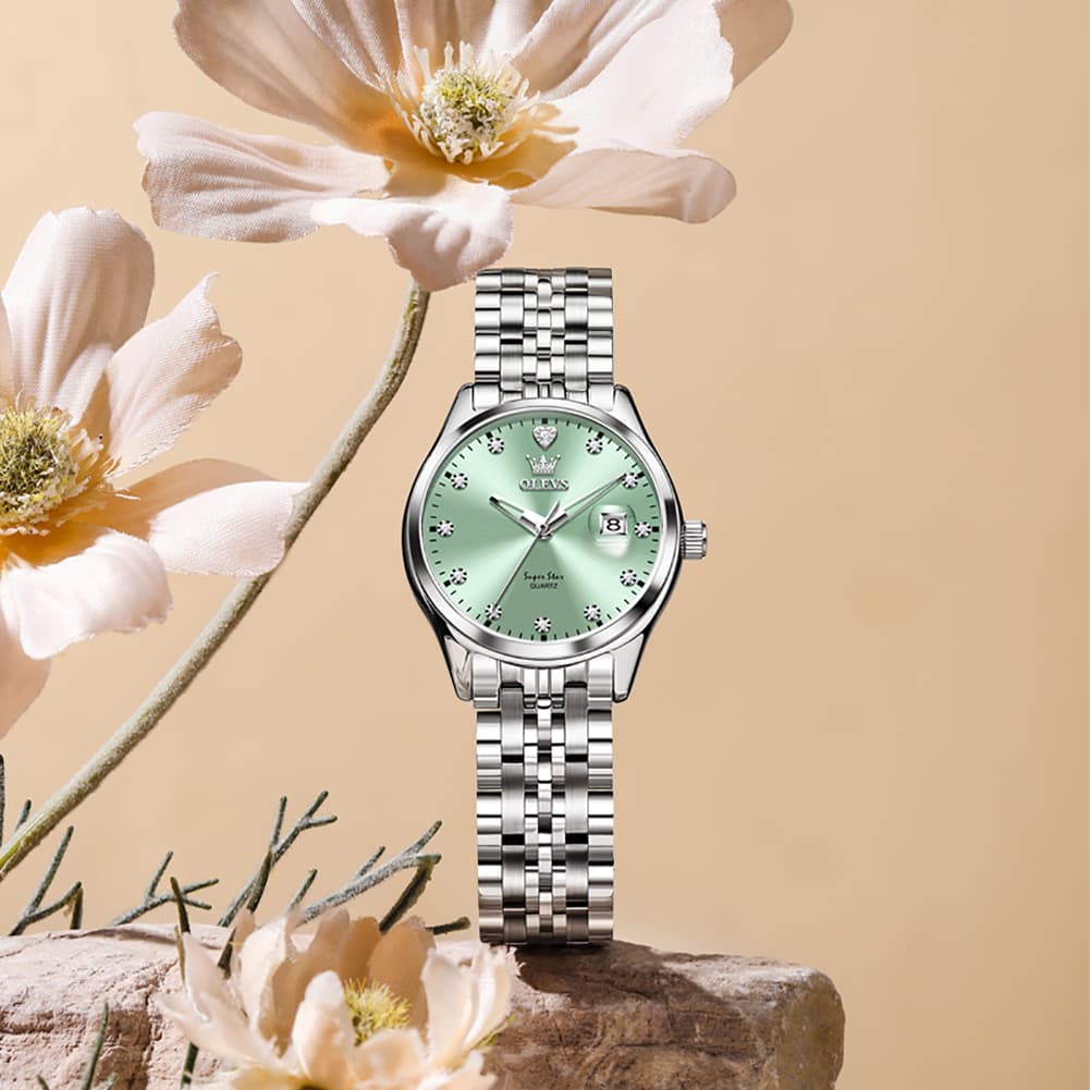 OLEVS 5649 Diamond Starry Dial Quartz Watch Calendar Stainless Steel Bracelet Timeless Timepiece for Women -Olevs Watch Store