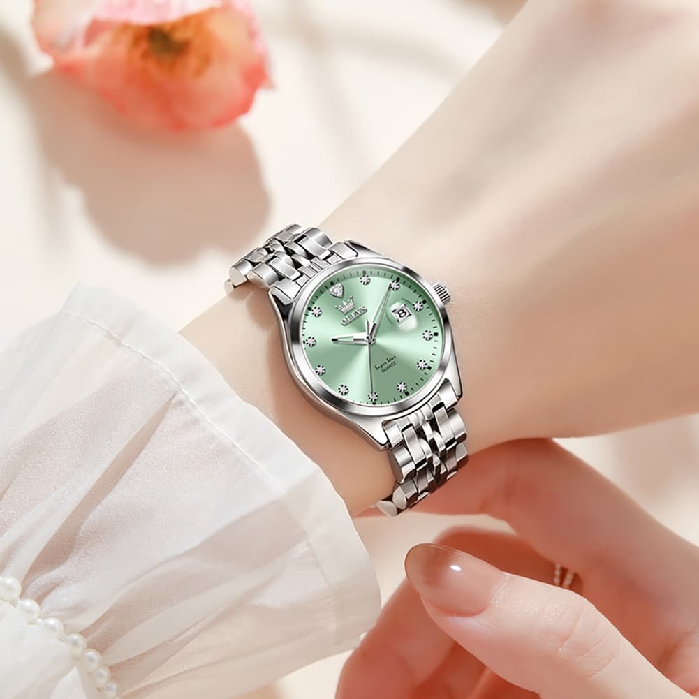 OLEVS 5649 Diamond Starry Dial Quartz Watch Calendar Stainless Steel Bracelet Timeless Timepiece for Women -Olevs Watch Store