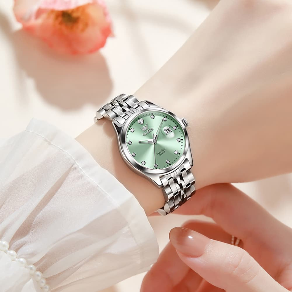 OLEVS 5649 Diamond Starry Dial Quartz Watch Calendar Stainless Steel Bracelet Timeless Timepiece for Women -Olevs Watch Store