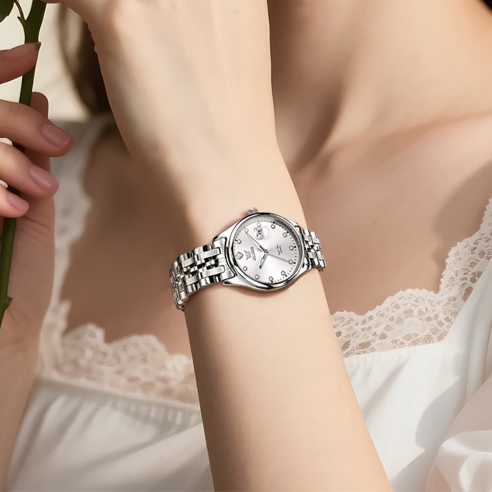 OLEVS 5649 Diamond Starry Dial Quartz Watch Calendar Stainless Steel Bracelet Timeless Timepiece for Women -Olevs Watch Store