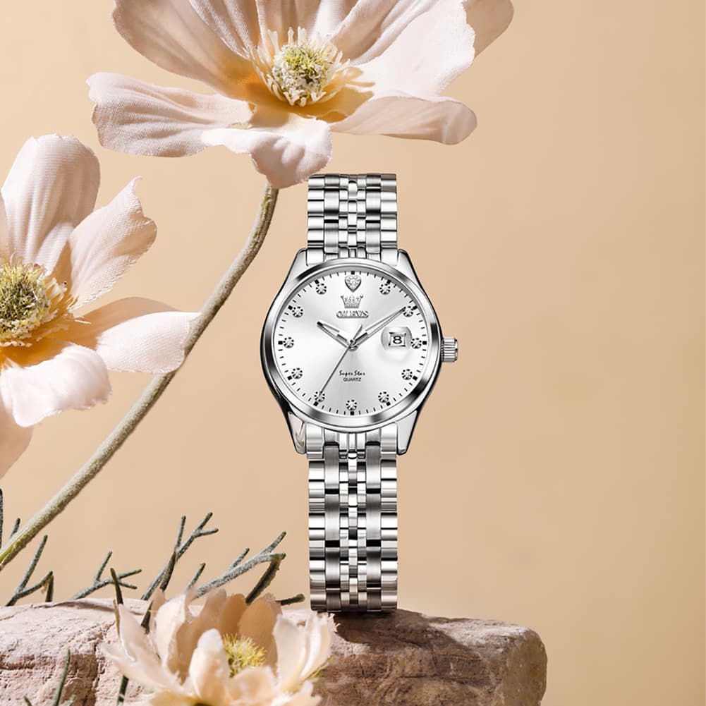 OLEVS 5649 Diamond Starry Dial Quartz Watch Calendar Stainless Steel Bracelet Timeless Timepiece for Women -Olevs Watch Store