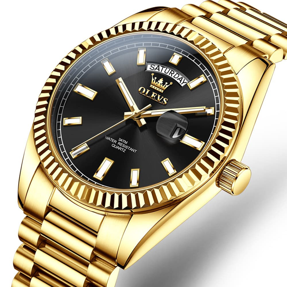 OLEVS 5650 Fluted Bezel Day Date Watch Stainless Steel Quartz Luxury Timepiece for Men - Gold Black Watch | Olevs Watch Store