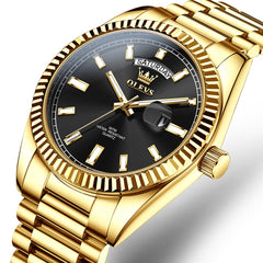 OLEVS 5650 Fluted Bezel Day Date Watch Stainless Steel Quartz Luxury Timepiece for Men - Gold Black Watch | Olevs Watch Store