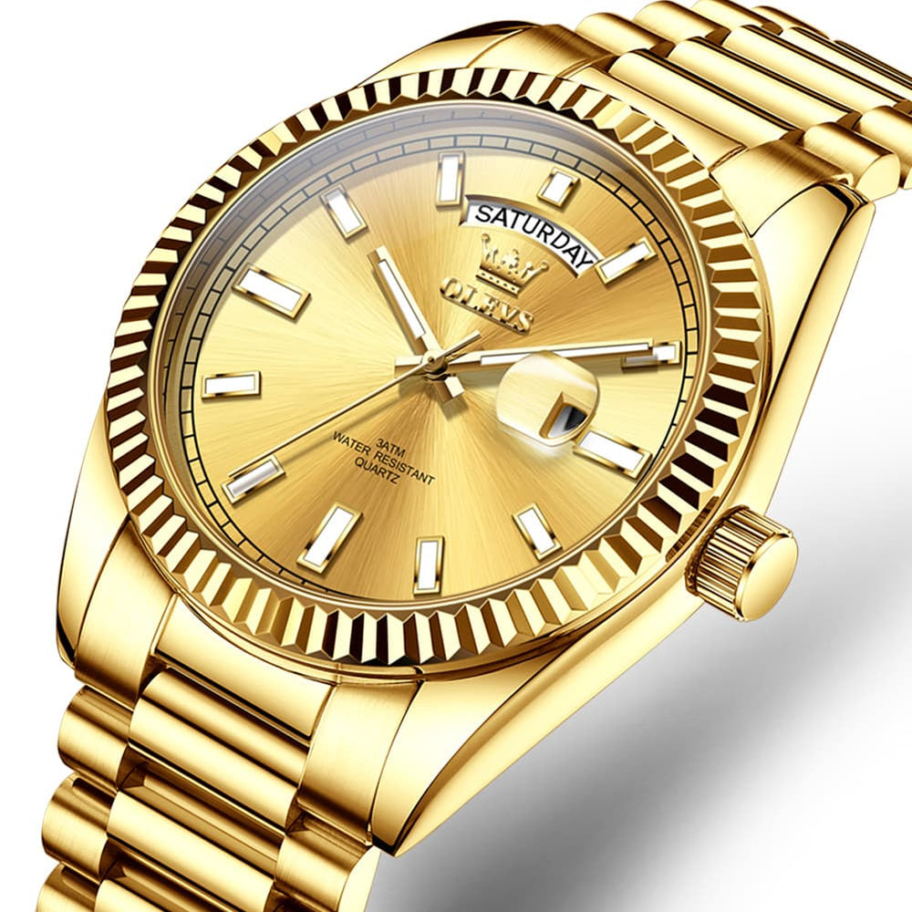 OLEVS 5650 Fluted Bezel Day Date Watch Stainless Steel Quartz Luxury Timepiece for Men - Gold Gold Watch | Olevs Watch Store