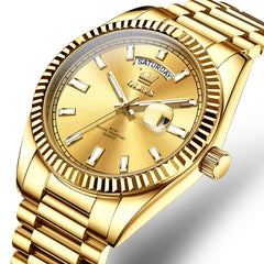 OLEVS 5650 Fluted Bezel Day Date Watch Stainless Steel Quartz Luxury Timepiece for Men - Gold Gold Watch | Olevs Watch Store