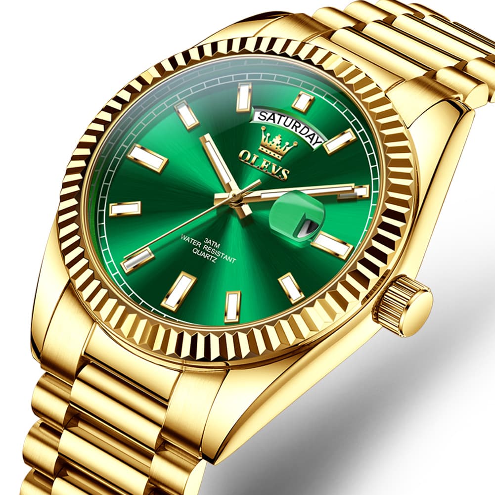 OLEVS 5650 Fluted Bezel Day Date Watch Stainless Steel Quartz Luxury Timepiece for Men - Gold Green Watch | Olevs Watch Store