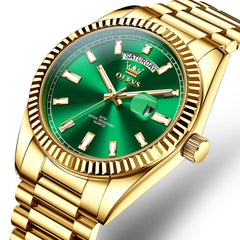 OLEVS 5650 Fluted Bezel Day Date Watch Stainless Steel Quartz Luxury Timepiece for Men - Gold Green Watch | Olevs Watch Store