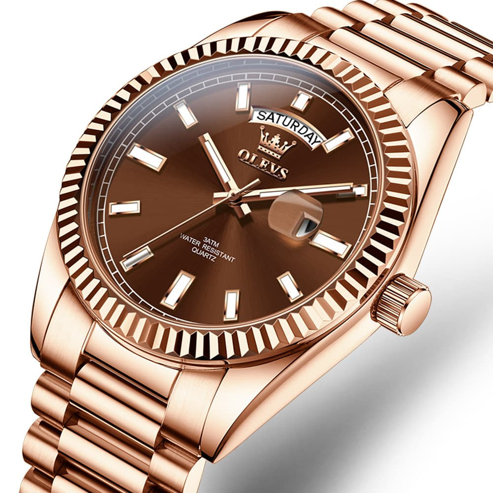 OLEVS 5650 Fluted Bezel Day Date Watch Stainless Steel Quartz Luxury Timepiece for Men - Rose Gold Brown | Olevs Watch Store