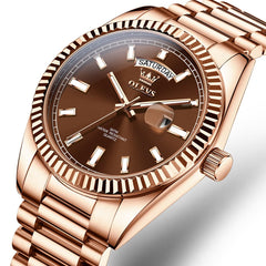 OLEVS 5650 Fluted Bezel Day Date Watch Stainless Steel Quartz Luxury Timepiece for Men - Rose Gold Brown | Olevs Watch Store